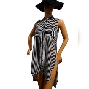 Sheer Zebra Stripe Button-down Halo Sleeveless Top with Splits! HELLO SPRING!